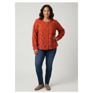 JOIE Eyelet Long Sleeve Button Down Boho Blouse, Burnt Orange - XL